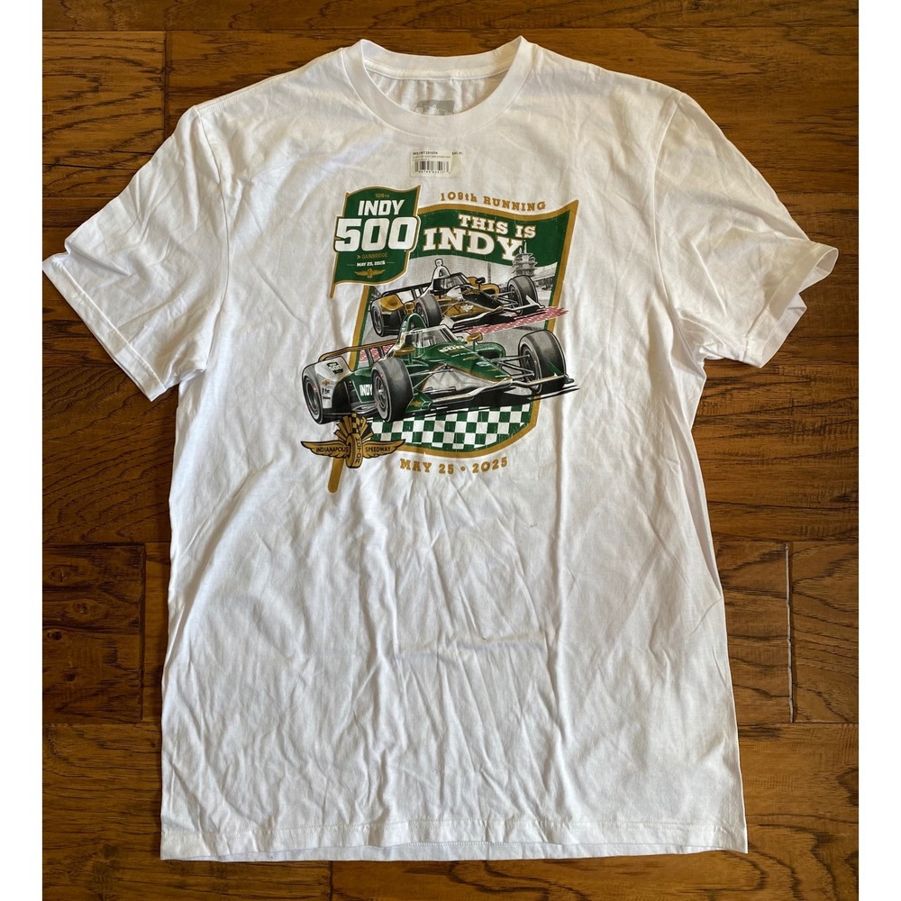 Indy 500 109th Running 2025 T-Shirt‎ Mens Large White Starting Grid Pole Winner